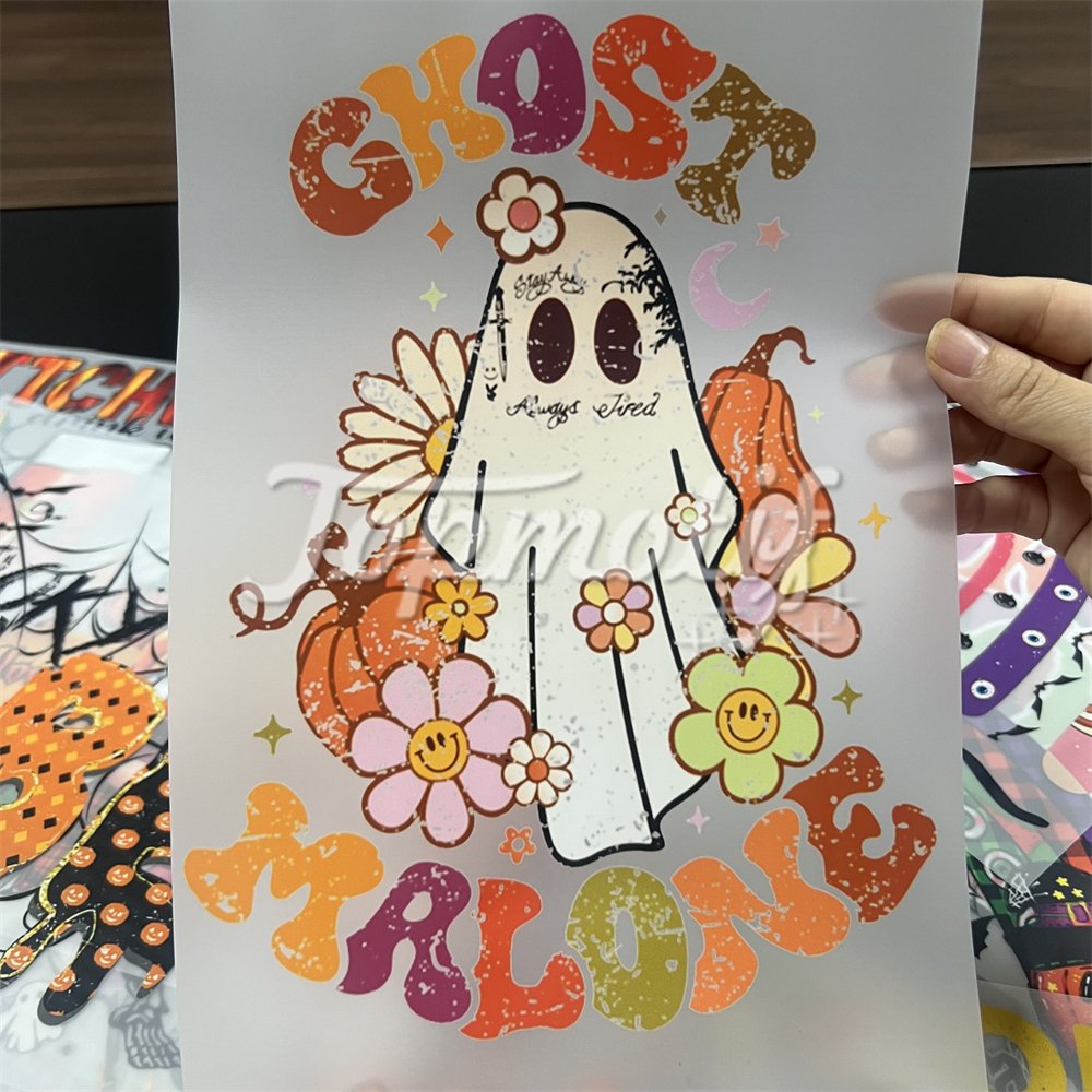 Low moq cheap price halloween custom sticker diy t shirt decoration dtf print heat press transfers