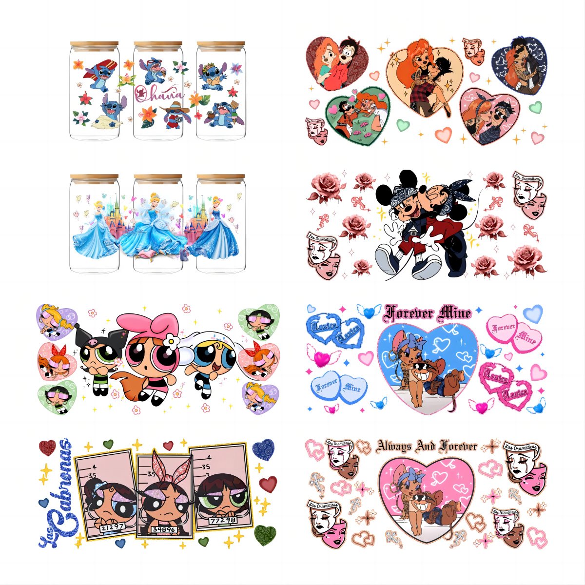 Color Cartoon Character Transfer Sticker Adhesive Decals Uv Dtf Wraps Glass Cup DIY Waterproof for 16oz Uv Printer Washable QZYY