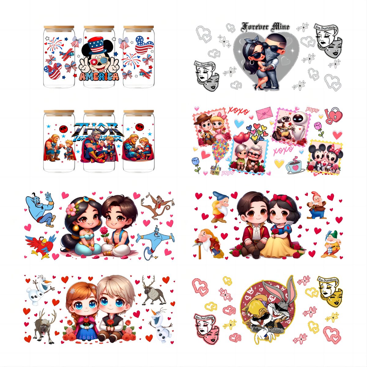 Color Cartoon Character Transfer Sticker Adhesive Decals Uv Dtf Wraps Glass Cup DIY Waterproof for 16oz Uv Printer Washable QZYY