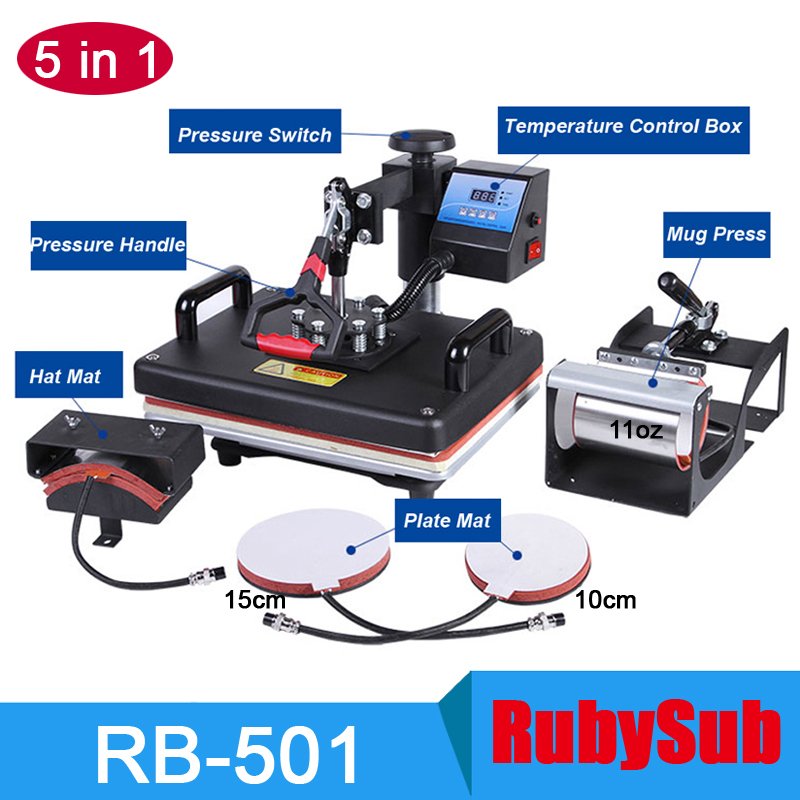 RubySub 5 in 1 Heat Press Machine Digital T-shirt Heat Transfer 12" x 15" Sublimation Machine for Mug Hat Plate Print