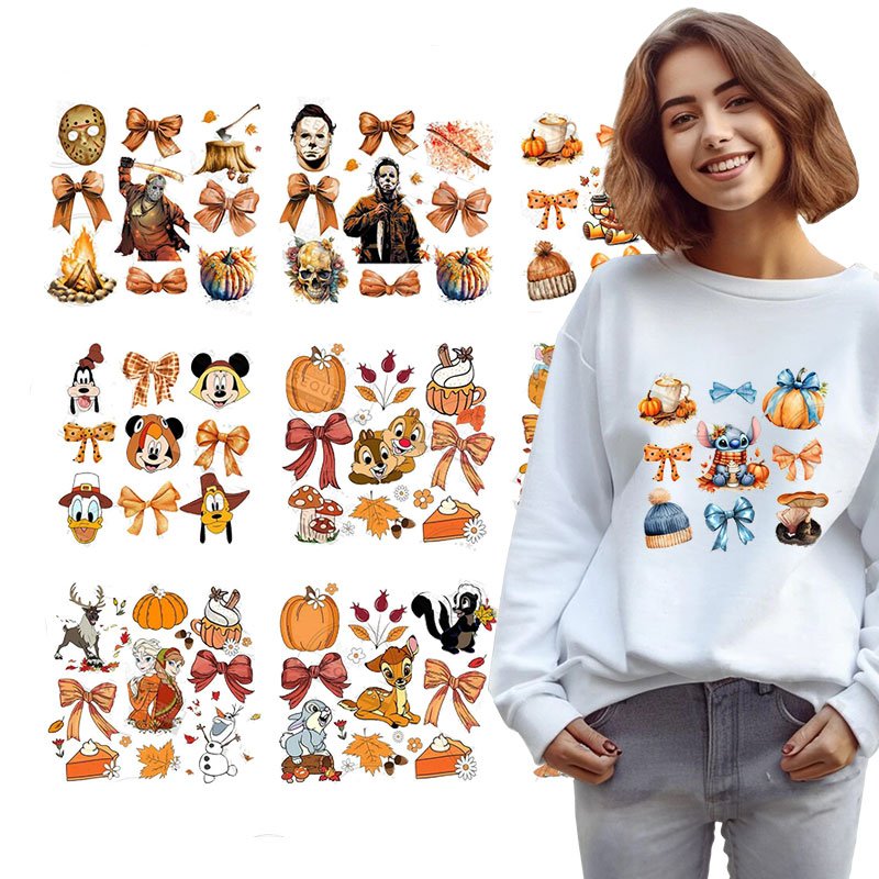 Custom Cartoon Fall Coquette Aesthetic Bows Halloween Themed Patch Costume Hat DTF Stickers Iron on Heat Transfer Printing