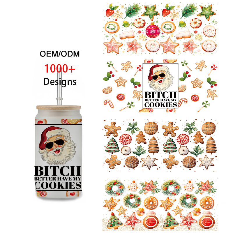Wholesale 1000+design UV Dtf packaging transfer 16 ounce cartoon Christmas image glass jar printing uv dtf transfer stickers