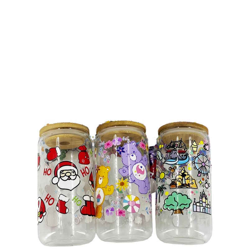 Wholesale 1000+design UV Dtf packaging transfer 16 ounce cartoon Christmas image glass jar printing uv dtf transfer stickers
