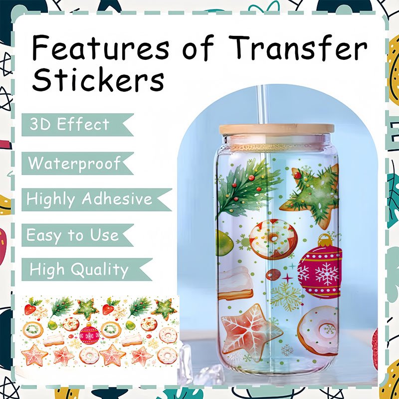 Wholesale 1000+design UV Dtf packaging transfer 16 ounce cartoon Christmas image glass jar printing uv dtf transfer stickers