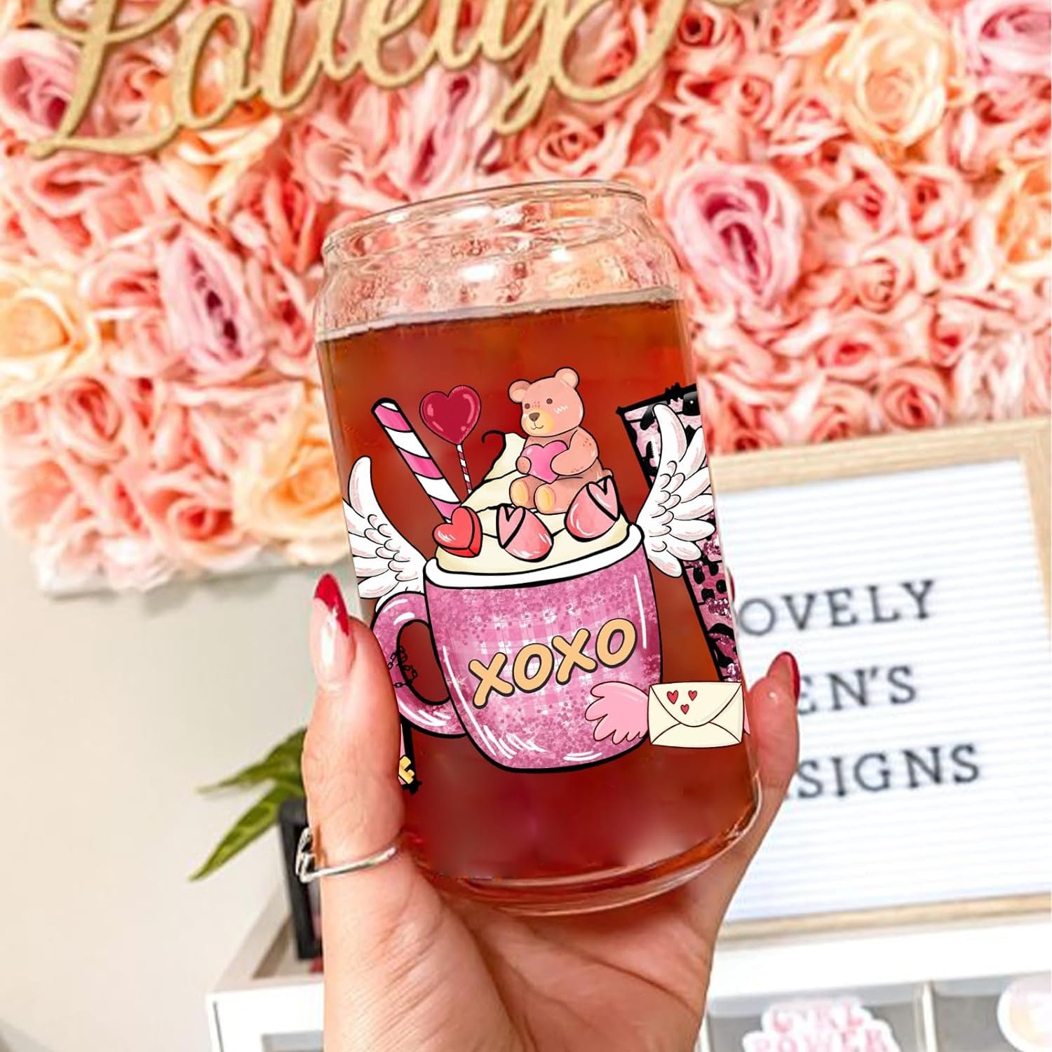 Valentines Day Wholesale Cartoon UV Transfer stickers Custom UV DTF Cup Wrap 16OZ Libbey Glass Cups Uv transfer sticker
