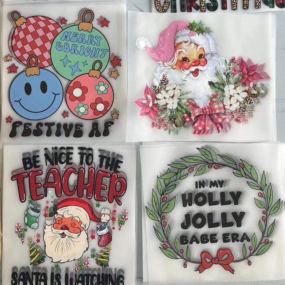 Factory custom high quality wholesale christmas dtf heat transfers printing ready to press iron on transfer fabric sticker