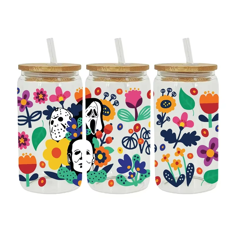 Halloween UV DTF Cup Wrap Heat Transfer Printing on PET Plastic for Glass Mug Bottle Bag Soft Cartoon Feature Gifts Leather Use