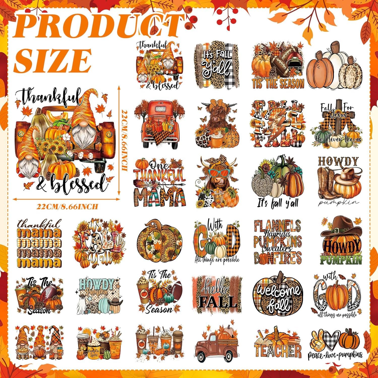 Western Fall Iron on Transfer Autumn Theme Patches Vinyl Decals for clothes DTF Heat Transfer Stickers DIY Applique for Clothing