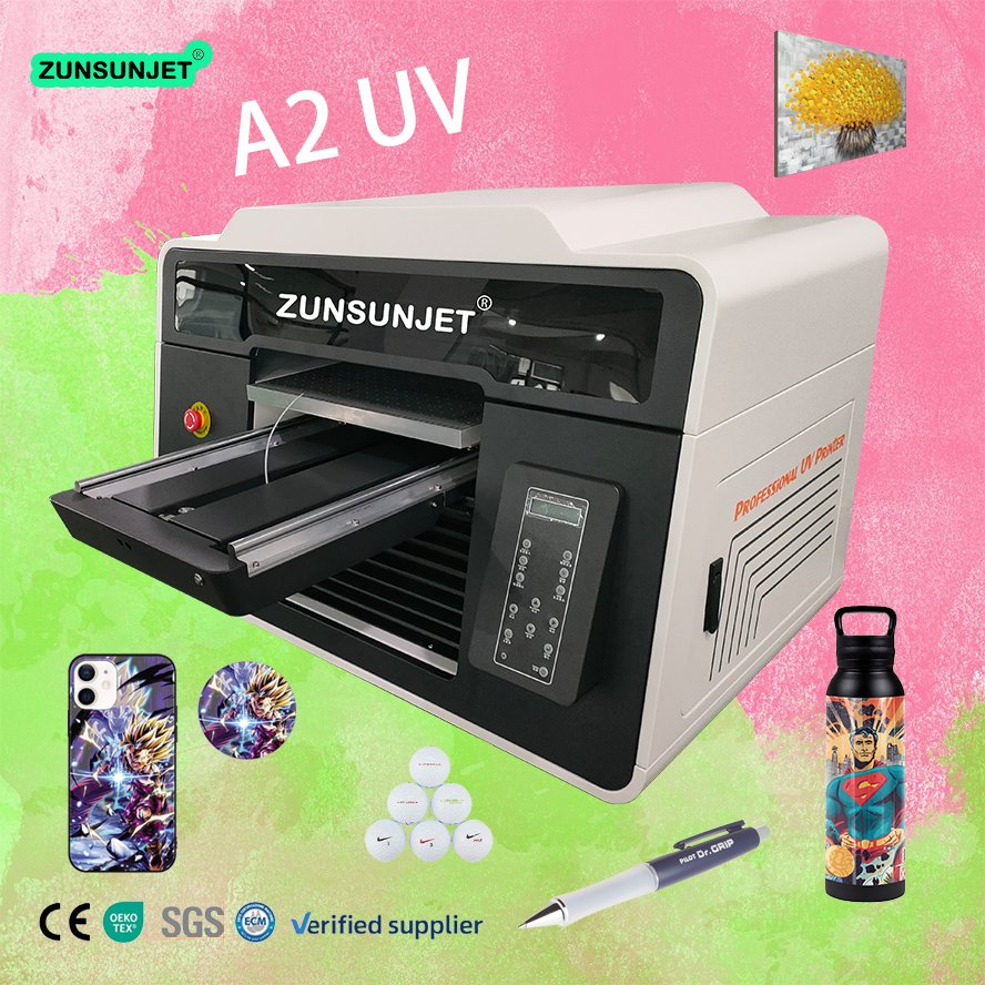 small A2 size flatbed UV dtf printer For phone case Glass bottle pen PVC Acrylic ceramic wood metal UV Effect printing machine
