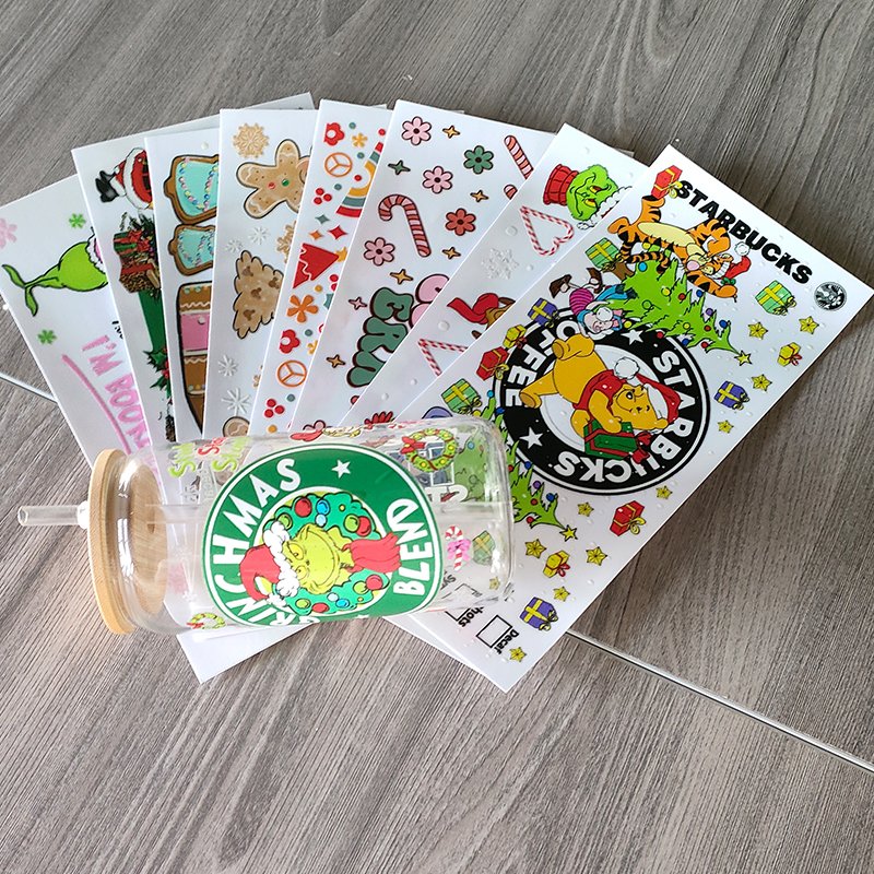 Christmas 16oz UV DTF Custom Cup Wrap Tumbler Logo Ready to Ship Transfer Printing UV DTF Cup Wrap with 2.5inch Cup cap sticker