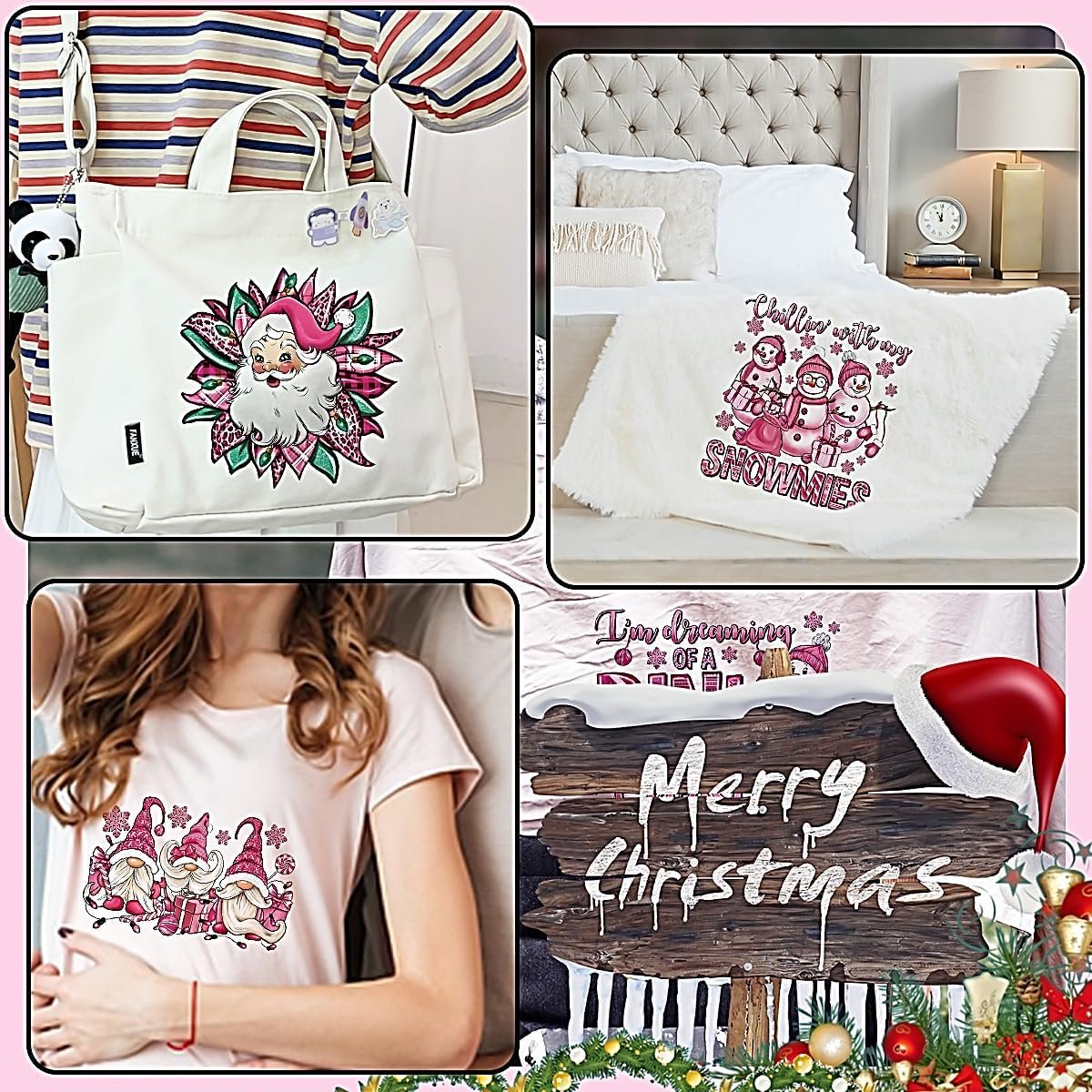 Pink Cartoon Christmas Iron on Patches for Clothes Letter transfer Xmas Iron on Vinyl Appliques Winter Heat Transfer for T Shirt