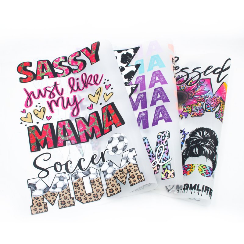 Wholesale custom mama designs iron on printable plastisol clear matte film heat press sticker logo heat transfers for T-Shirts