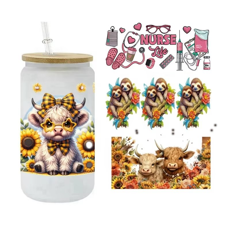 High Quality 16oz Cup Waterproof UV DTF Transfer Stickers Easy-to-Press Washable Water Transfer Printing on Glass for Cups