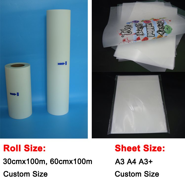 DTF Heat Transfer Printing PET Film Roll 30cm Hot Peel 75U Thickness Single Side Matte DTF Film For DTF Printing