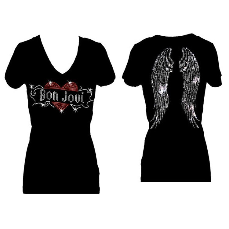 Bon Jovi Angel WIngs Rhinestone Bling V Neck Short Sleeve Womens Tee Shirt