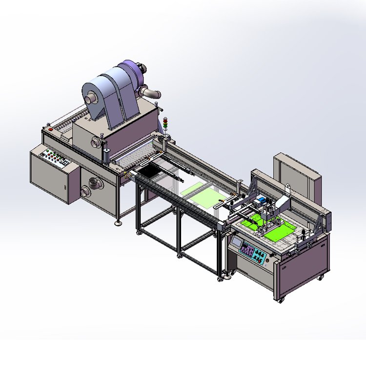Automatic arm with conveyor table for automatic heat transfer printed film coating or drying line