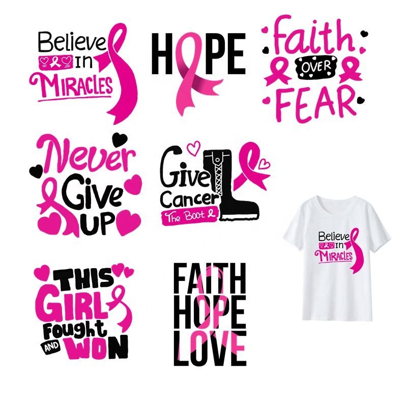 Custom High Quality DTF Print Breast Cancer Awareness Heat Transfer Designs Screen Plastisol Printed Heat Transfer for t-shirts