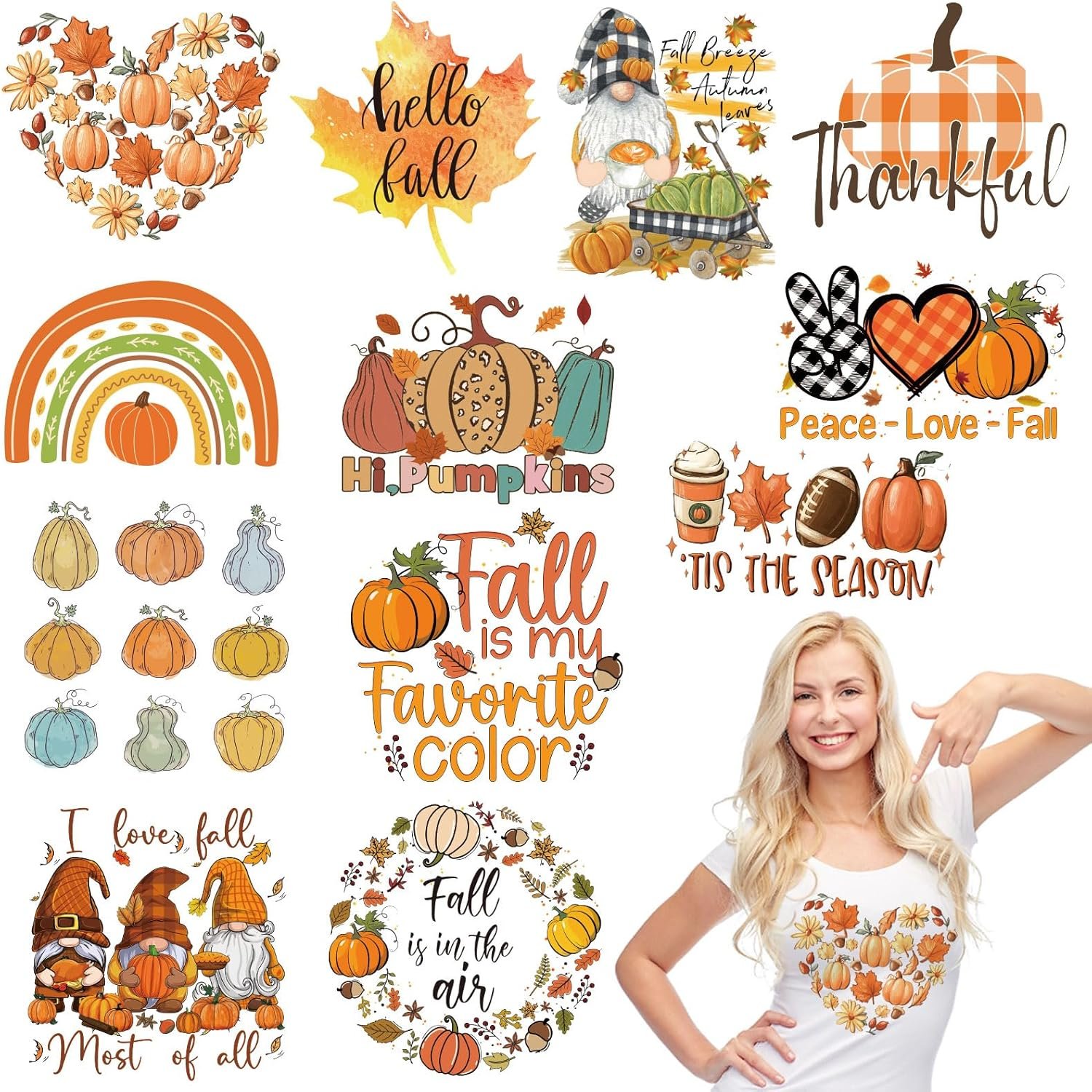 Fall Iron on Transfer for T-Shirt Fall Heat Transfer for DIY Crafts Vinyl Autumn Pumpkin Gnome HTV Vinyl Fall Decals for Clothes