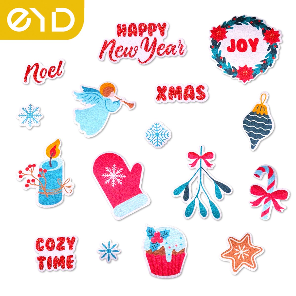 EYD Tiny Merry Christmas Patch Iron On Chenille Embroidery Custom Patch 3d Print T Shirt Heat Transfer Dtf Logo Sticker
