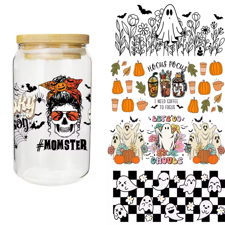 Custom UV DTF Cup Wrap Transfer Sticker Halloween-themed Water Transfer Printing Mug Heat Washable Waterproof Plastisol Glass