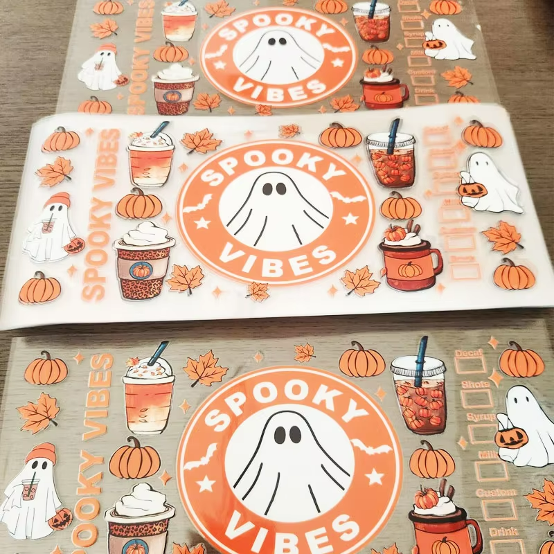 Custom UV DTF Cup Wrap Transfer Sticker Halloween-themed Water Transfer Printing Mug Heat Washable Waterproof Plastisol Glass