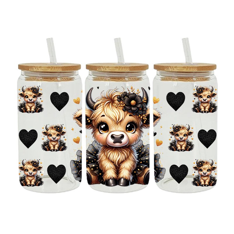 Ready To Ship wholesale Custom cow Design 16oz UV DTF Wrap Cup Glasses Transfer