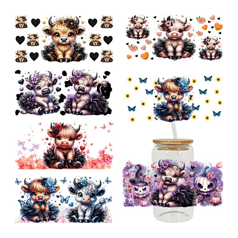Ready To Ship wholesale Custom cow Design 16oz UV DTF Wrap Cup Glasses Transfer
