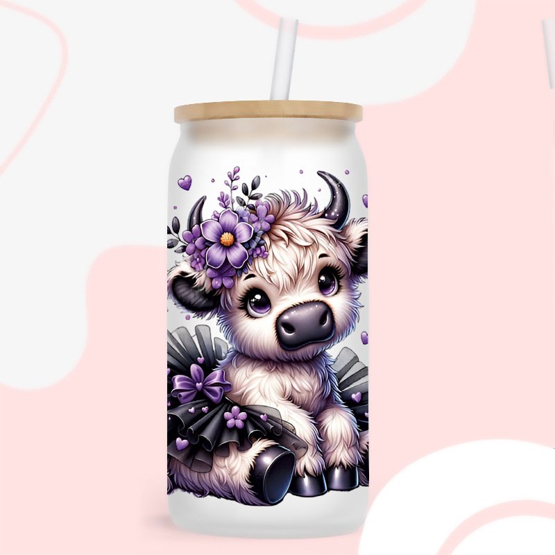 Ready To Ship wholesale Custom cow Design 16oz UV DTF Wrap Cup Glasses Transfer