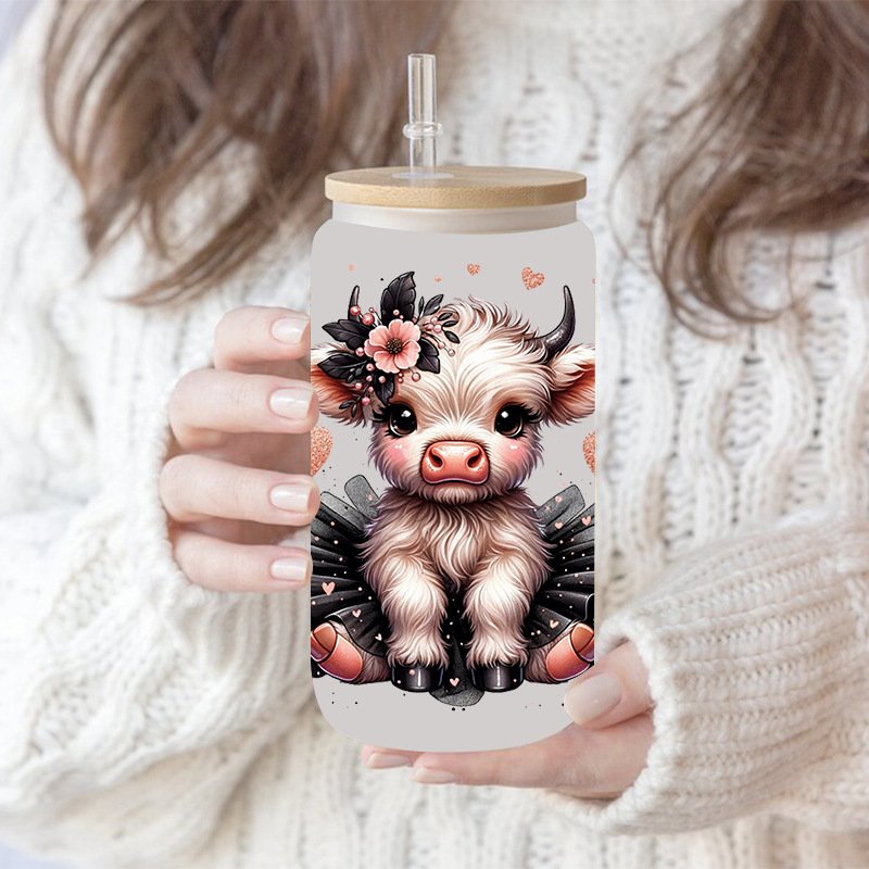 Ready To Ship wholesale Custom cow Design 16oz UV DTF Wrap Cup Glasses Transfer