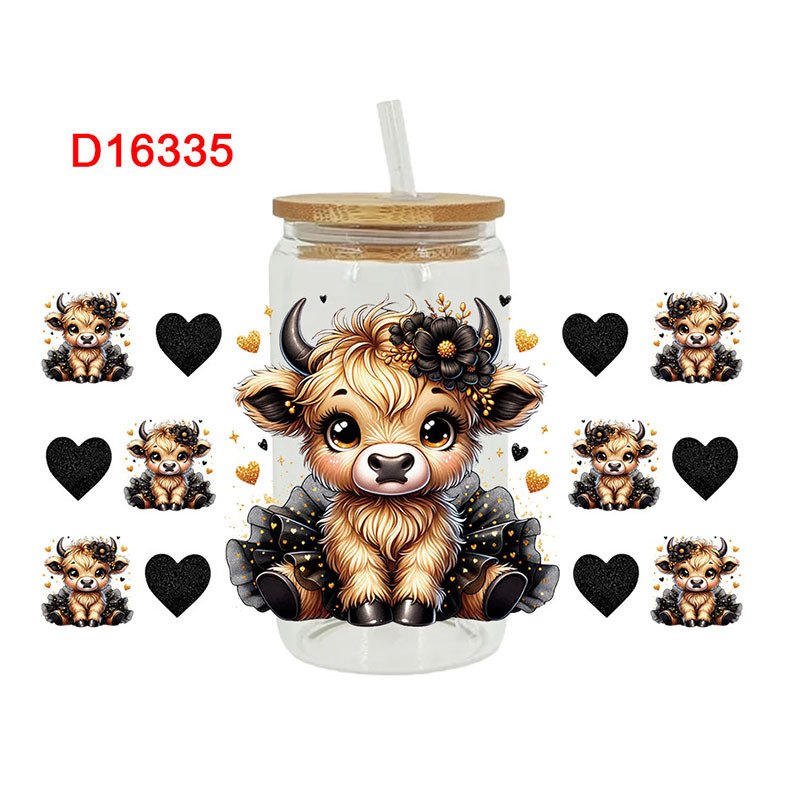 Ready To Ship wholesale Custom cow Design 16oz UV DTF Wrap Cup Glasses Transfer