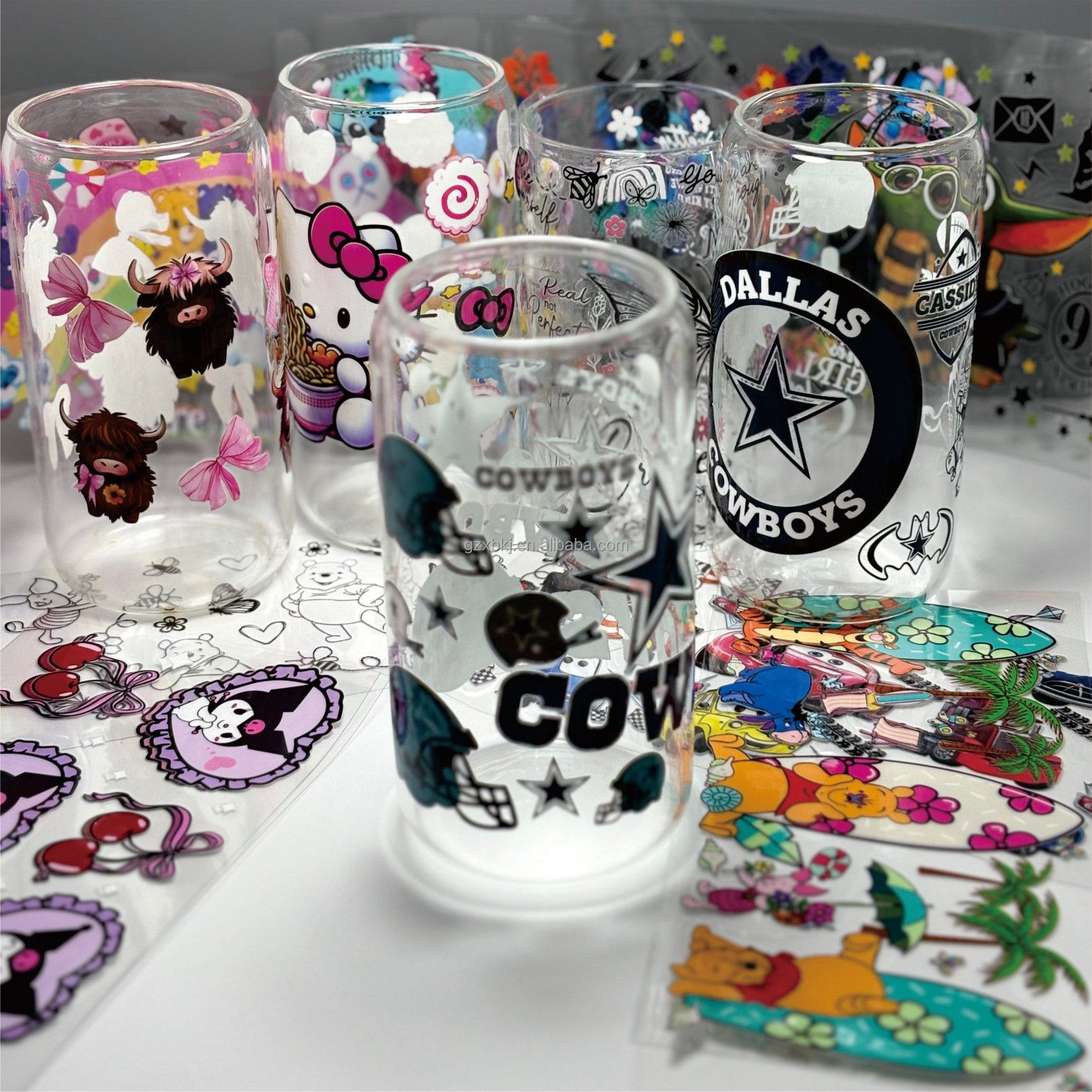 Creative UV transfer printing stickers for applying unique designs onto glass cups