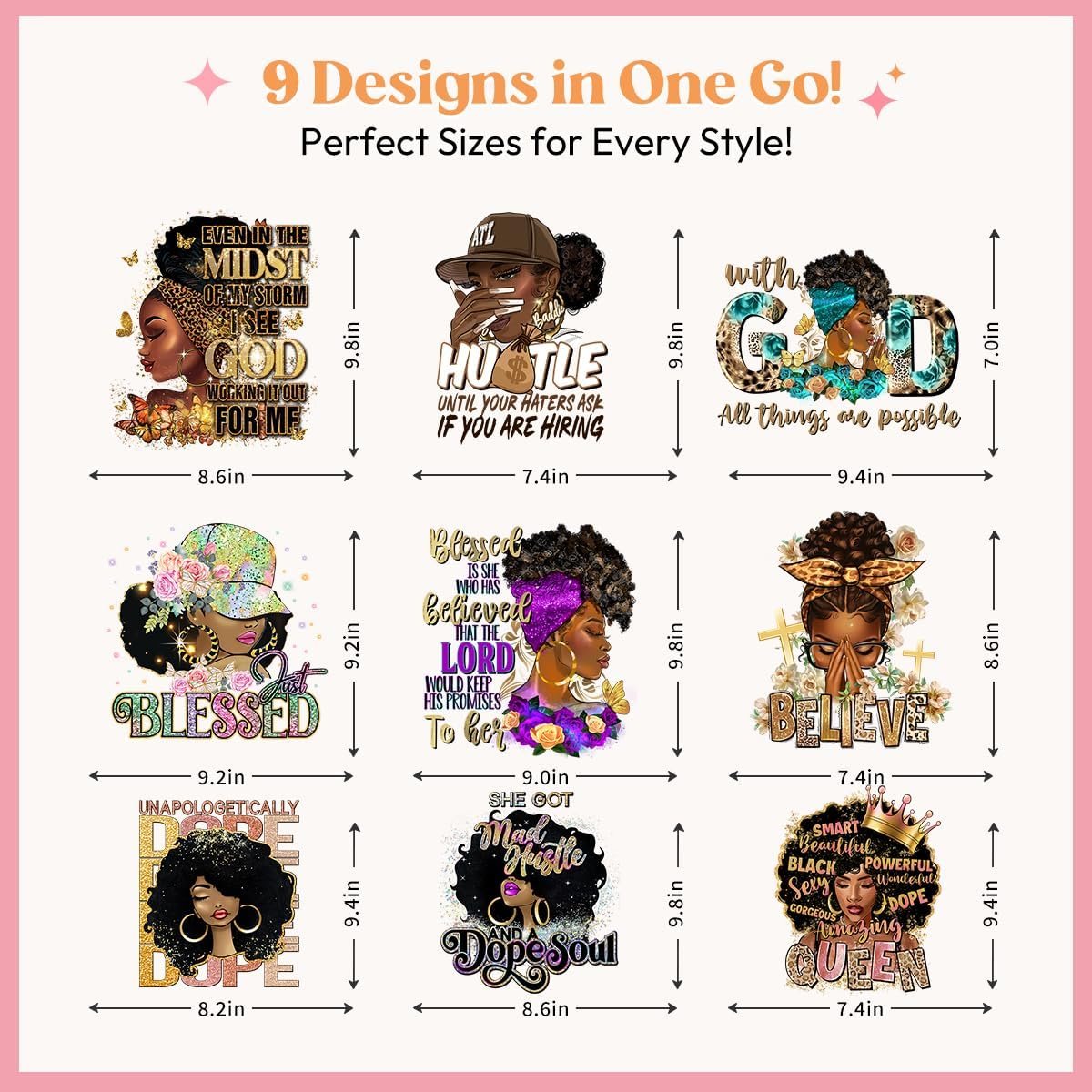 Black women Iron on Decals Black Girl Iron on Patches Heat Transfer Design Stickers for DIY T-Shirt Clothing Coat Jean Backpack