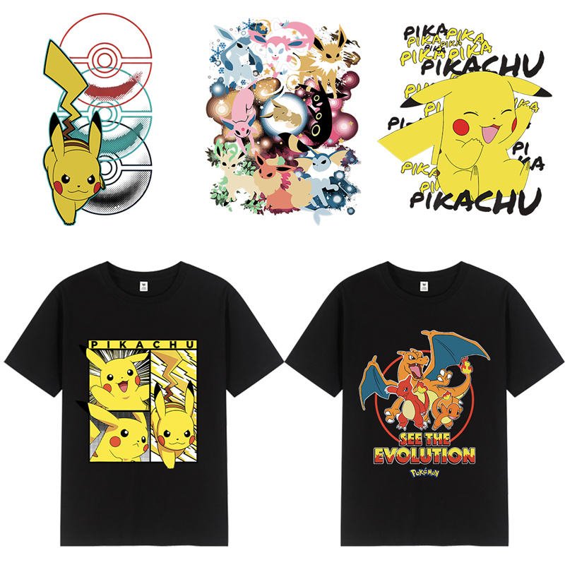 Cartoon Pikachu Stickers Patches on Heat Transfer Patch Decal for Shirt Clothing Backpack Pillow Covers DTF Printing for Garment