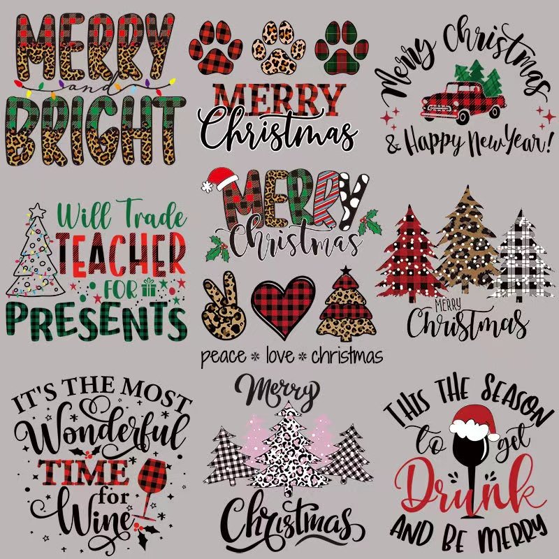 Wholesale Custom Christmas Logo Iron On Sticker DTF Designs Ready to Press Plastisol Heat Transfer Label for T-Shirt