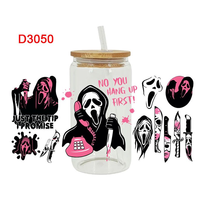 Ready To Ship wholesale Custom halloween Design 16oz UV DTF Wrap Cup Glasses Transfer