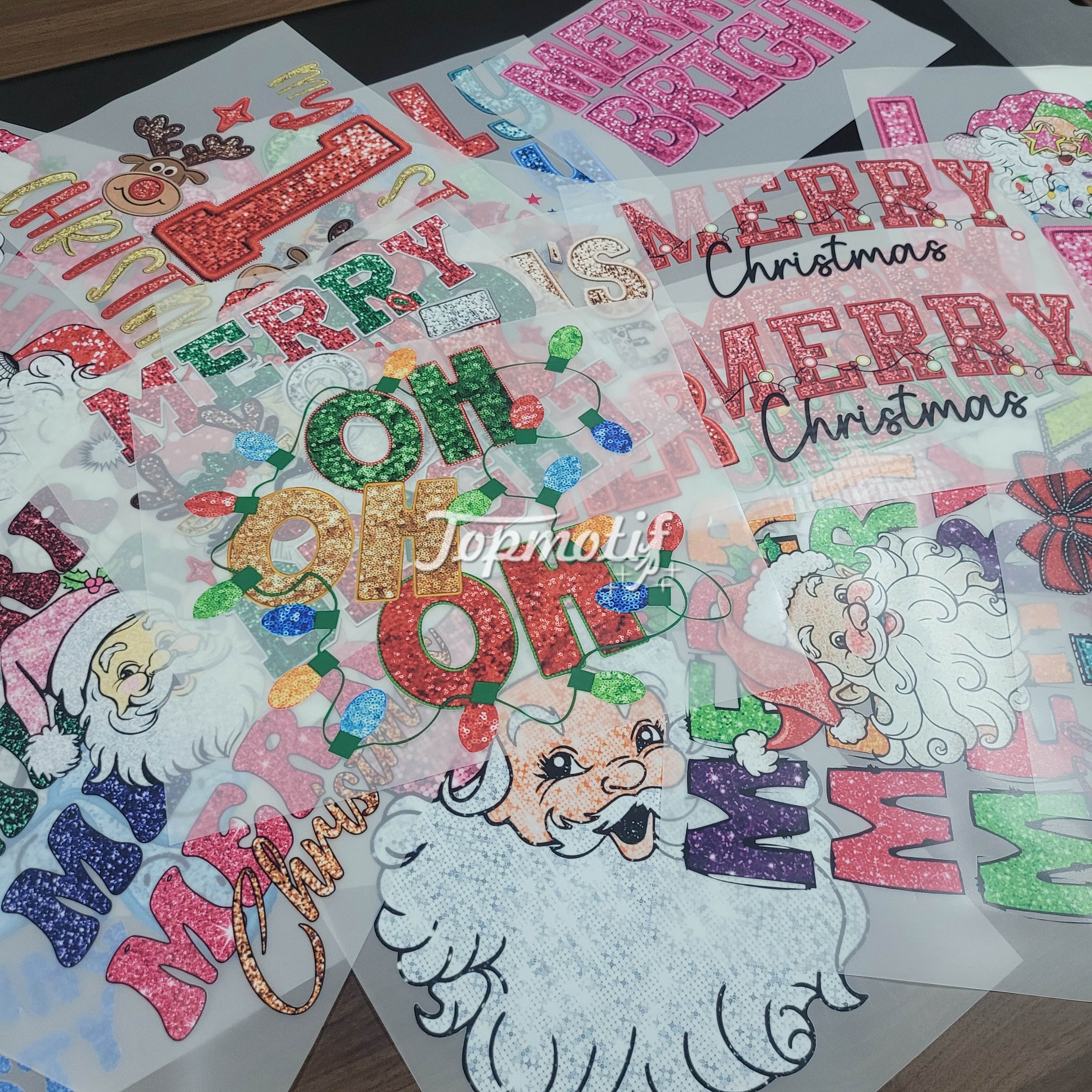Custom Faux Sequin Santa DTF Transfer Merry Christmas Iron On Sticker Heat Transfer Prints On Garments