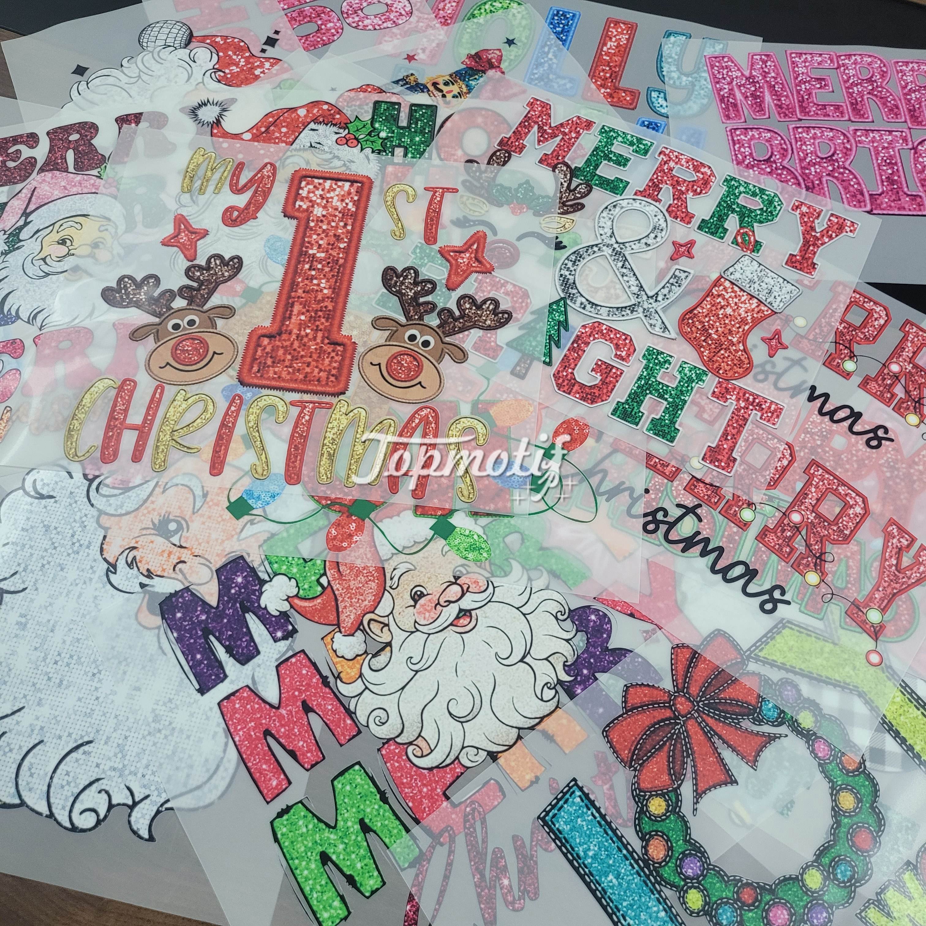 Custom Faux Sequin Santa DTF Transfer Merry Christmas Iron On Sticker Heat Transfer Prints On Garments