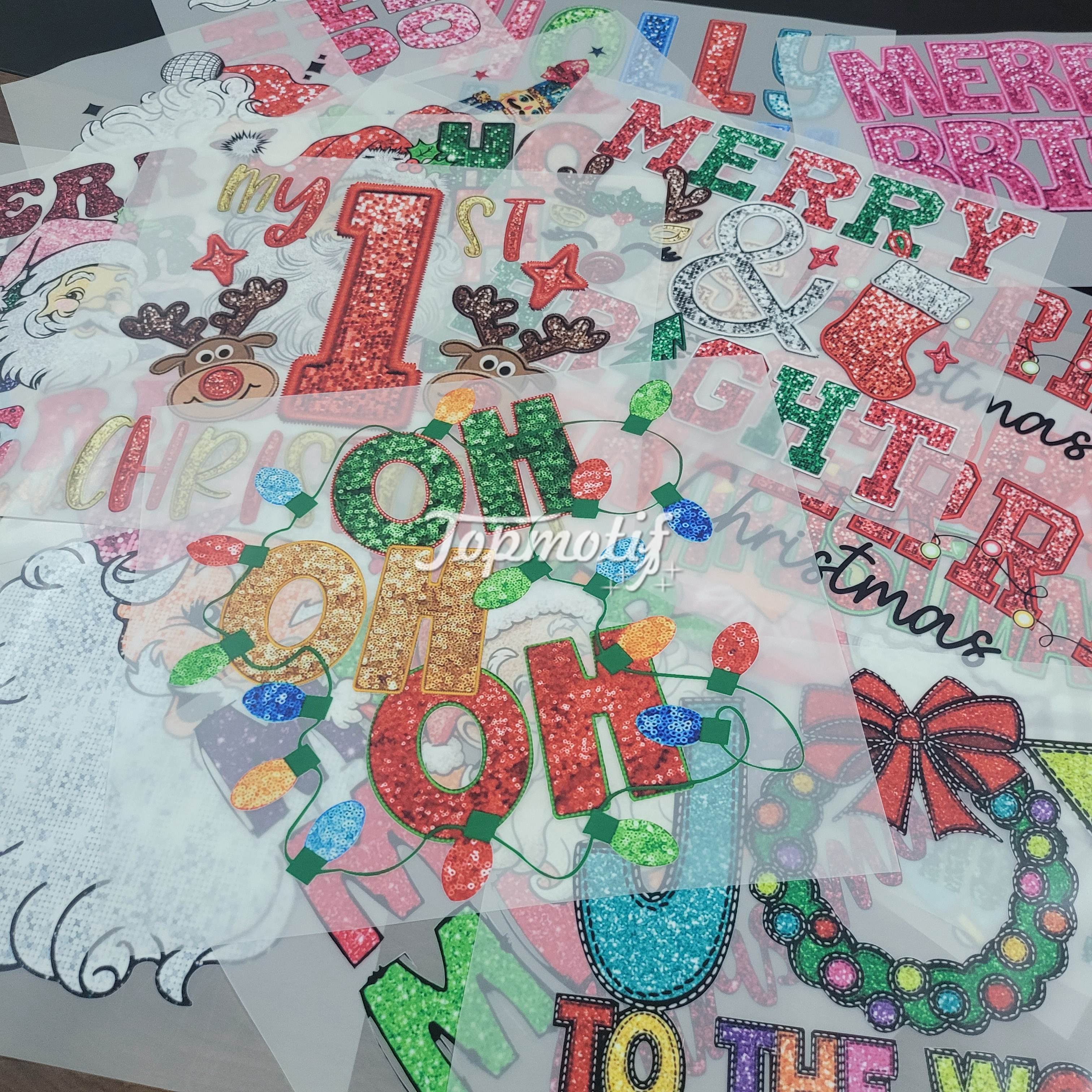 Custom Faux Sequin Santa DTF Transfer Merry Christmas Iron On Sticker Heat Transfer Prints On Garments