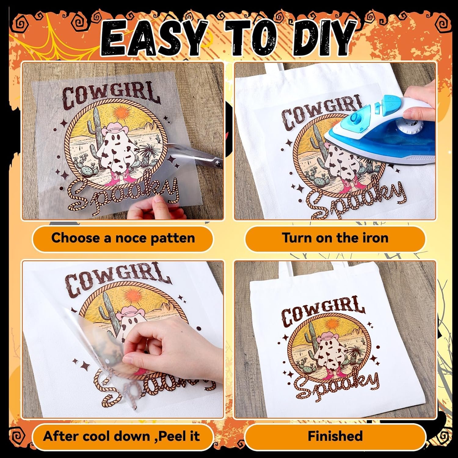 Retro Western Iron on Transfer Patches Ghost Decals for Jeans Western Halloween DTF Heat Transfer Vinyl Stickers for Clothing