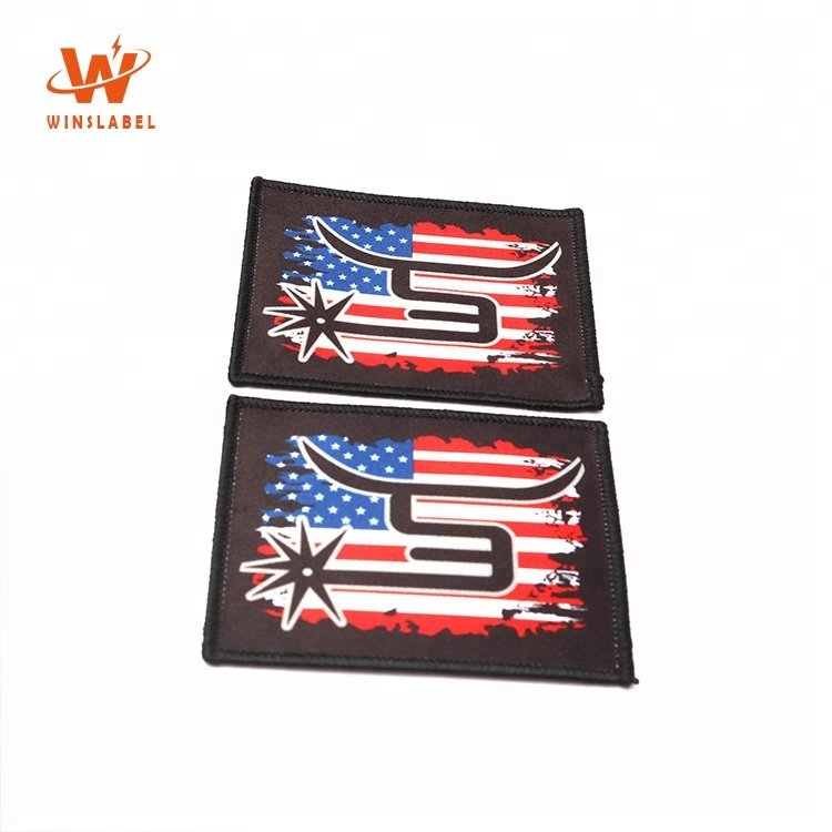 Custom Garment Branded Digital Transfer Printed Accessories Labels Iron On Sublimation Fabric Merrow Border Woven Patches