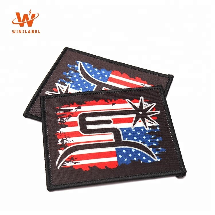 Custom Garment Branded Digital Transfer Printed Accessories Labels Iron On Sublimation Fabric Merrow Border Woven Patches