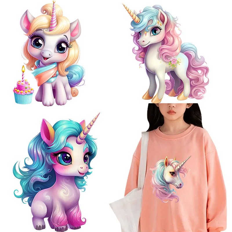 Iron on Transfer Cute Unicorn Heat-sensitive Patches Application Stripes on Kids Clothes Ironing Printing for Tops DIY Decals