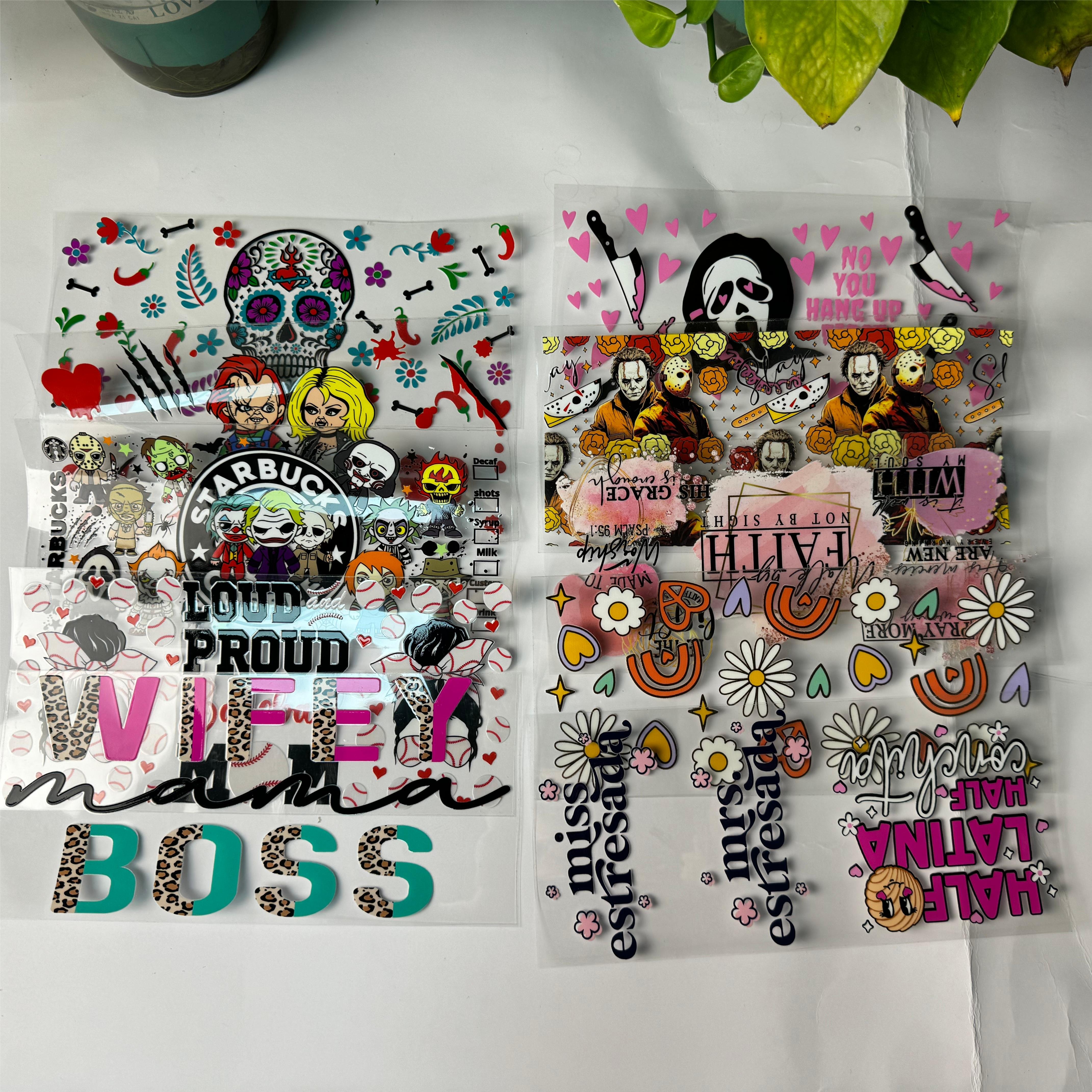 Wholesale High Quality Waterproof Cartoon cat Logo UV Sticker DTF Transfer Printing Vinyl used for 16oz Wrapped Glass Cup