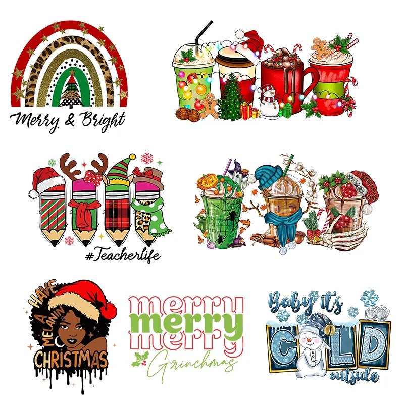 Wholesale Heat Transfer Sticker Transfer Printing Christmas Brand Design Custom Transfers Dtf Stickers For T-Shirts
