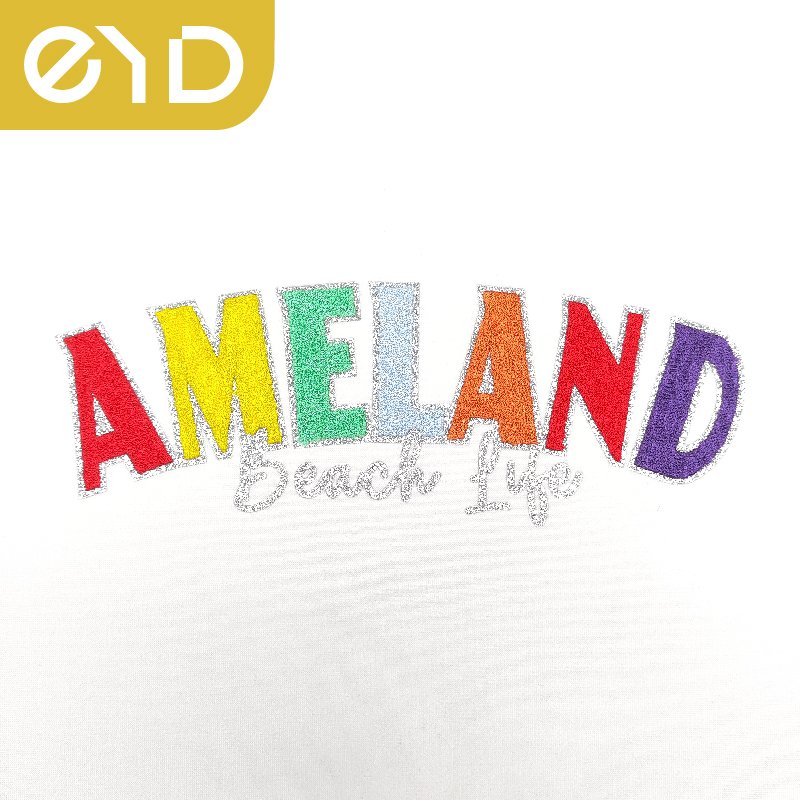 EYD T Shirt Embroidery Patches Iron On Custom Colorful Letters Ironing Neck Label Logo Heat Transfer Printing