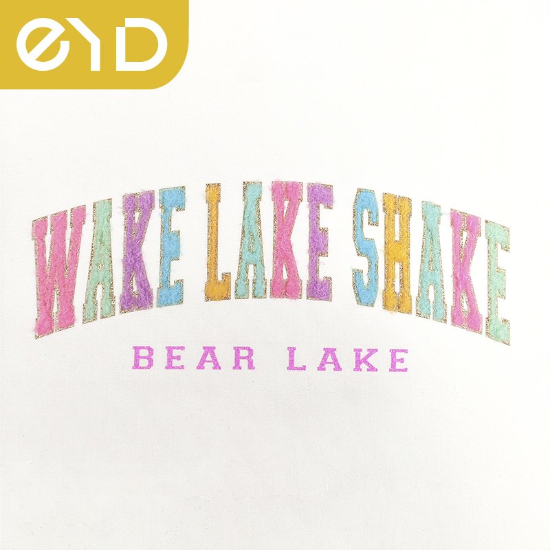 EYD T Shirt Embroidery Patches Iron On Custom Colorful Letters Ironing Neck Label Logo Heat Transfer Printing