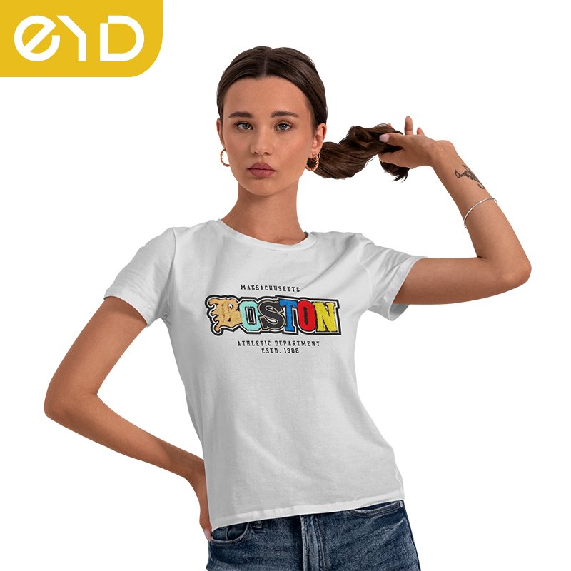 EYD T Shirt Embroidery Patches Iron On Custom Colorful Letters Ironing Neck Label Logo Heat Transfer Printing