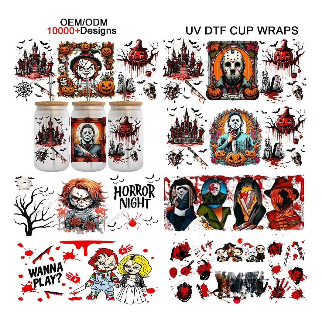 2024 New Custom UVDTF Halloween Transfer Printing Washable Plastisol Heat for Tumblers & Bottles