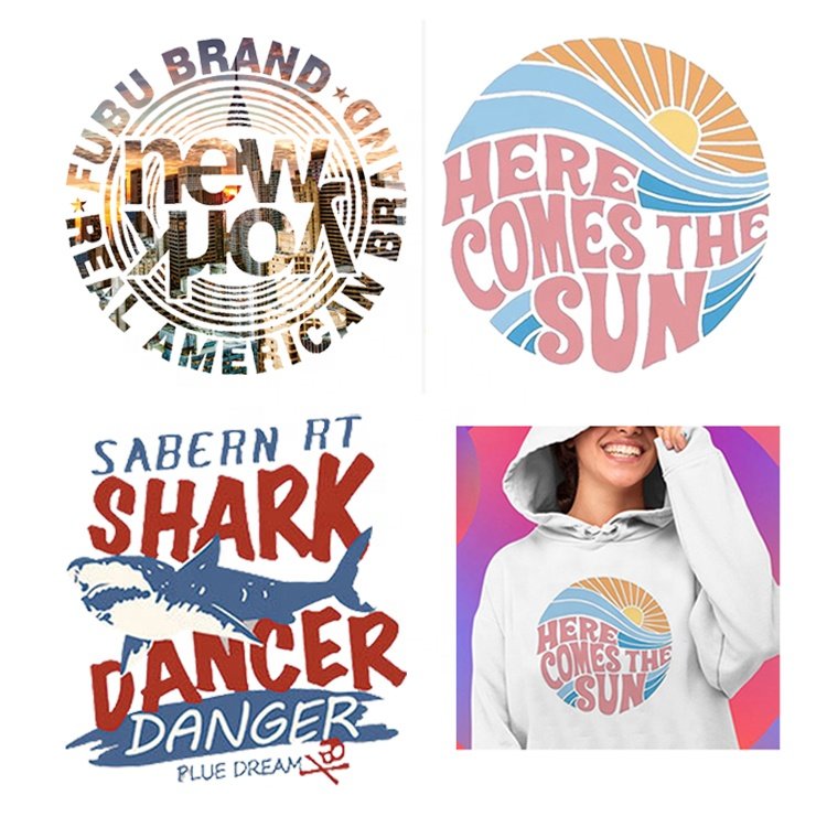 Hot Sale Custom Fashion Designs Logo Plastisol Printing DTF Ready to Press Heat Transfer Sticker Labels for Clothes
