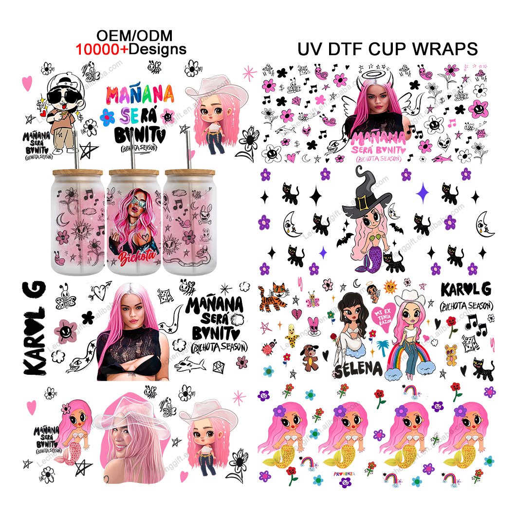 Popular 16 oz Karol G Cartoon 3D UV DTF Cup Wraps Stickers Ready To Transfer 16oz libbey Glass Cups Wraps